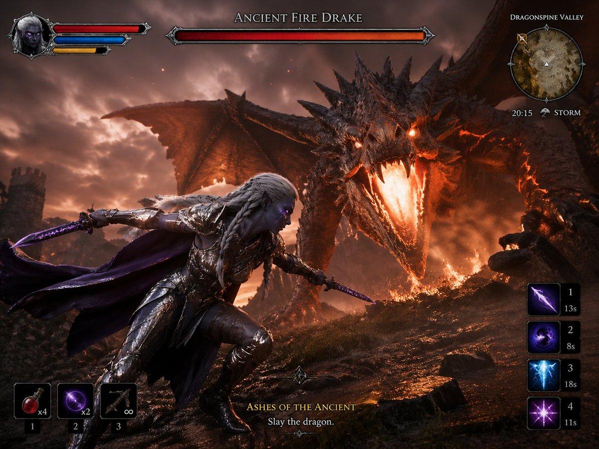 Vista previa del prompt: Gameplay: Elfo oscuro contra Dragón de fuego ancestral