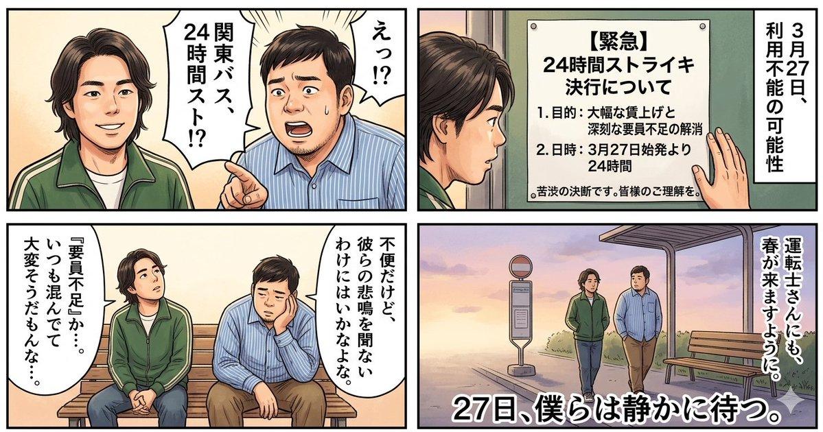 プロンプトのプレビュー: 4コマ漫画生成:僕らのバスが止まる日