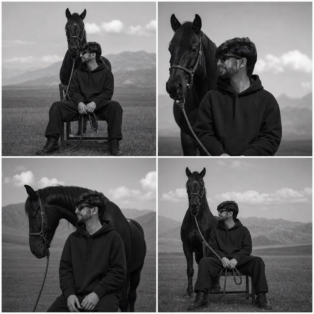 プロンプトのプレビュー: モノクロの草原と馬のポートレート