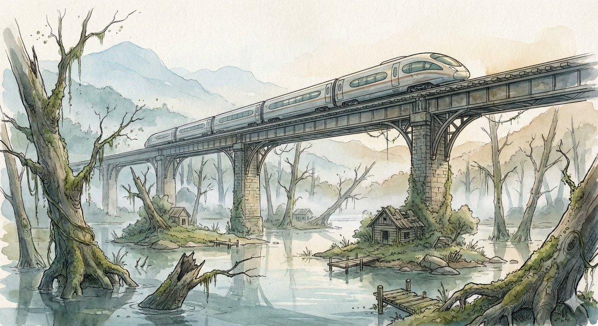 Promptforhåndsvisning: Fantasy Watercolor Illustration of an Elevated Rail Bridge over Flooded Forest