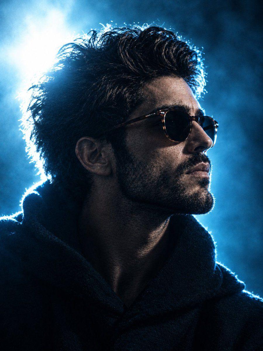 Prompt preview: Cinematic high-contrast portrait of a young man in side profile, wearing dark sunglasses, medium-len…