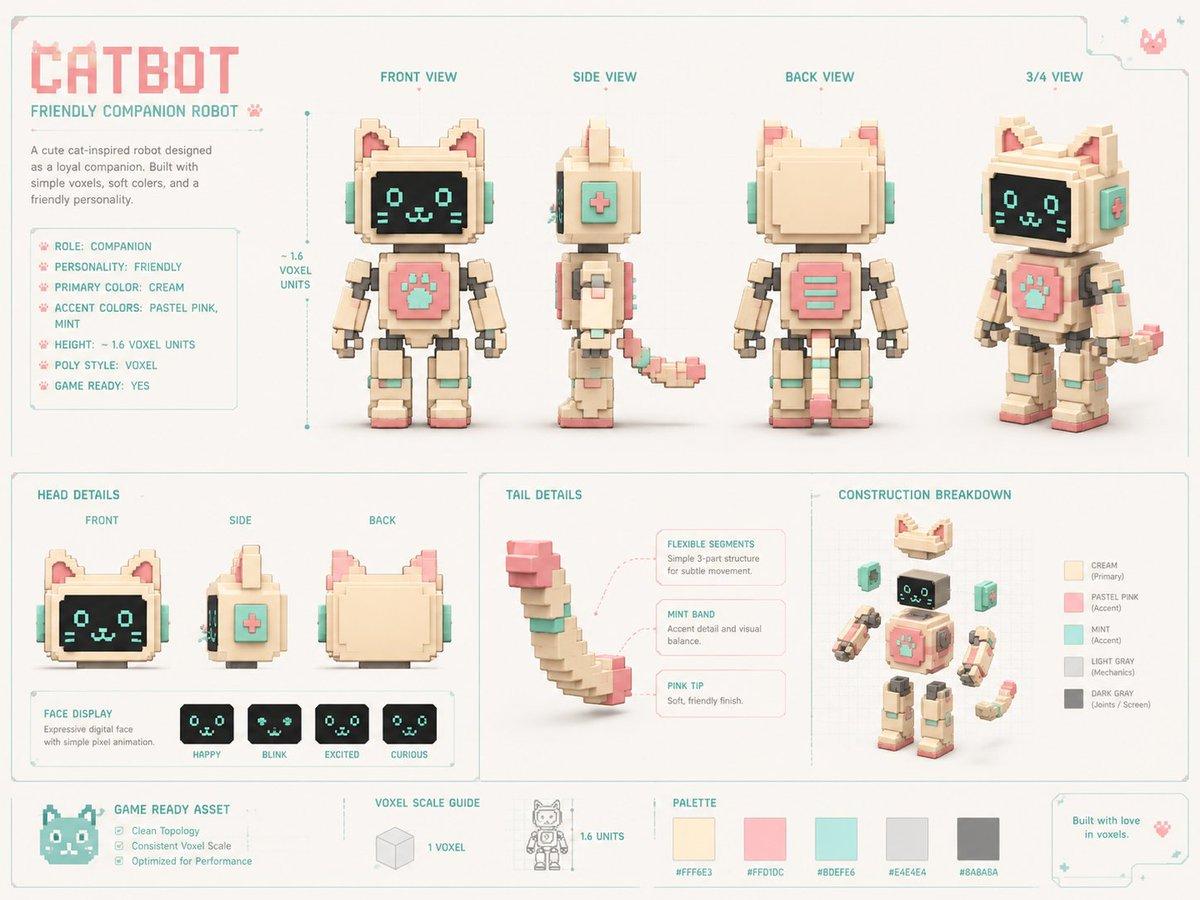 プロンプトのプレビュー: ボクセル・キャット・ロボットのコンセプトシート