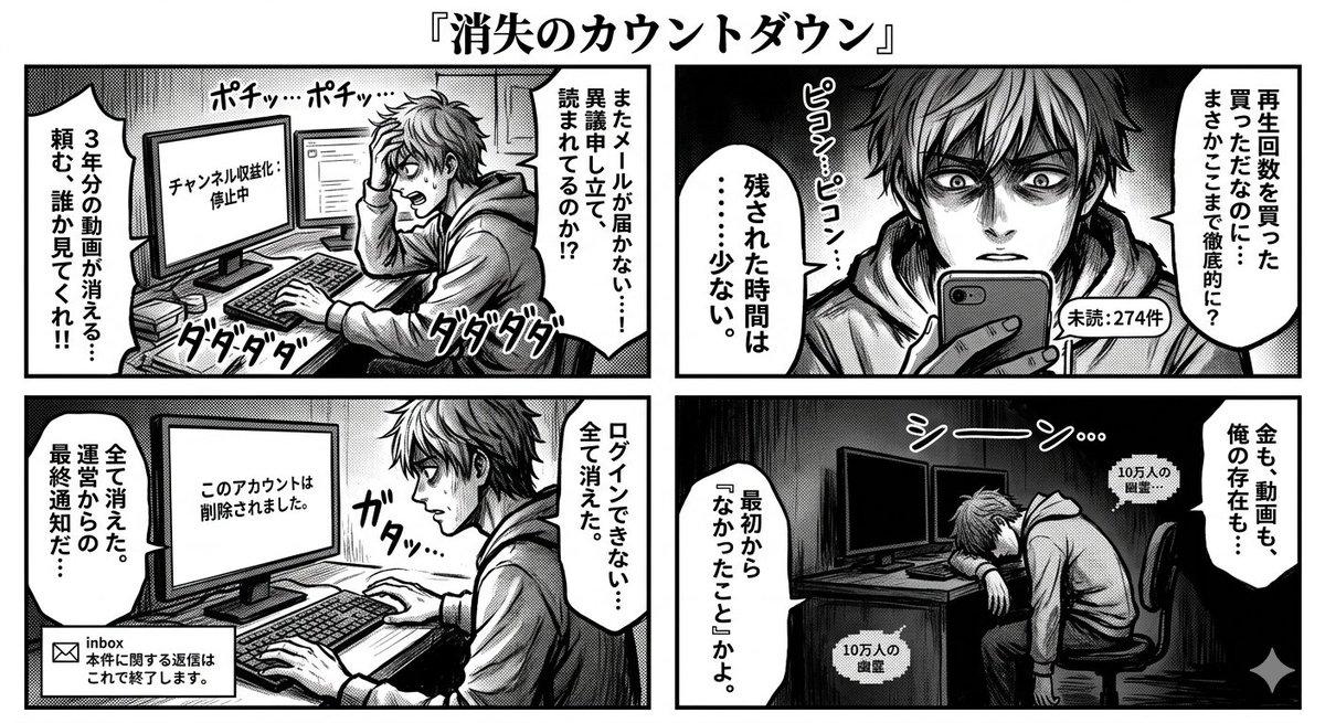 プロンプトのプレビュー: 4コマ漫画:消滅へのカウントダウン