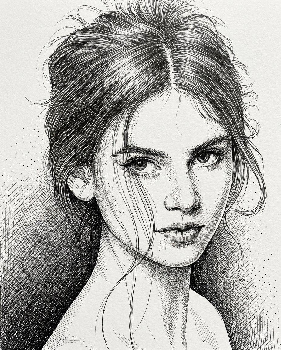 Promptforhåndsvisning: High-Contrast Pen and Ink Portrait