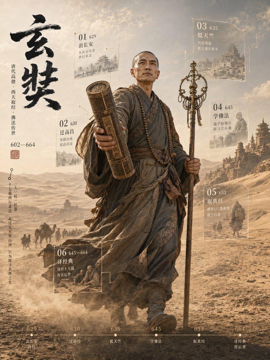 提示词预览: 3D 玄奘历史档案海报