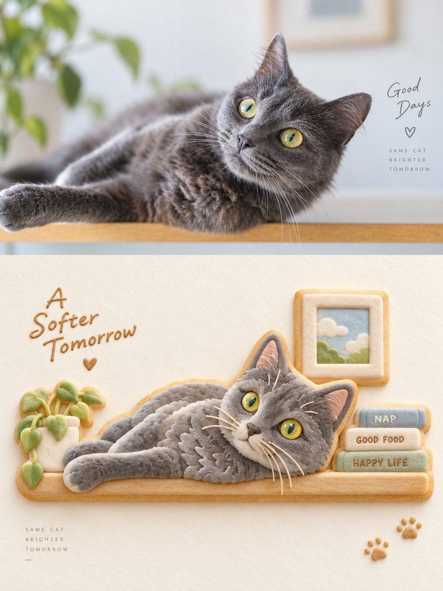 Prompt preview: Create a vertical diptych image comparing a realistic photograph with an artistic cookie illustratio…