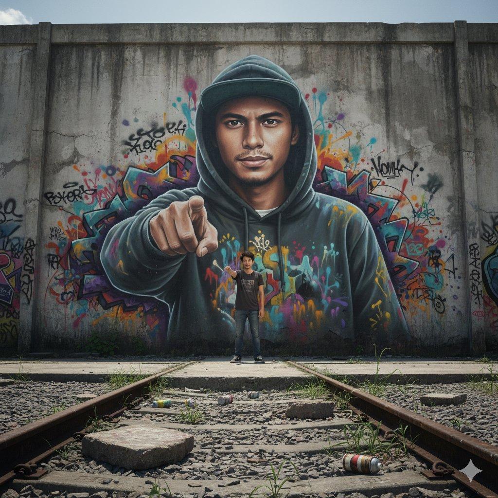 Promptforhåndsvisning: 2D-to-3D Graffiti Mural Transition in Urban Surabaya