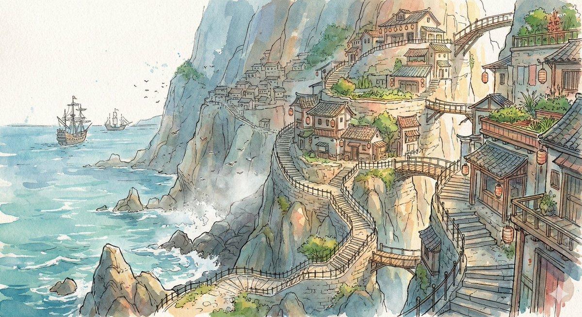 プロンプトのプレビュー: 水彩画の崖の村のイラスト