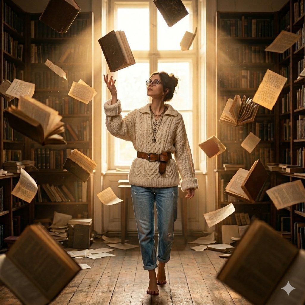 ตัวอย่างพรีวิวพรอมต์: ภาพพอร์ตเทรตแฟนตาซีในห้องสมุดร้าง