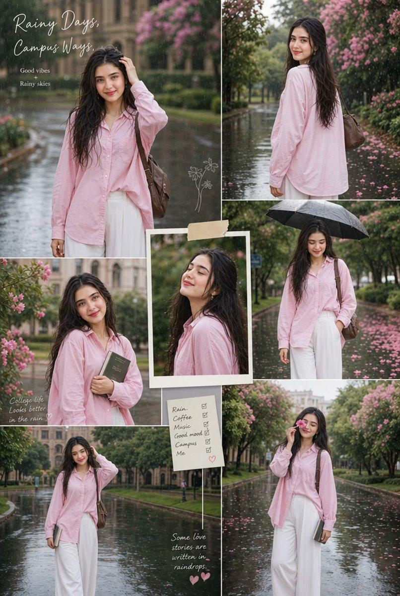 プロンプトのプレビュー: 雨のキャンパス・ポートレート・コラージュ