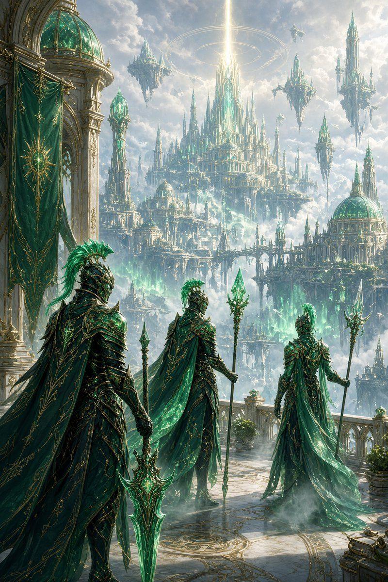 Preview ng prompt: Emerald Mist Sentinels in a Celestial City