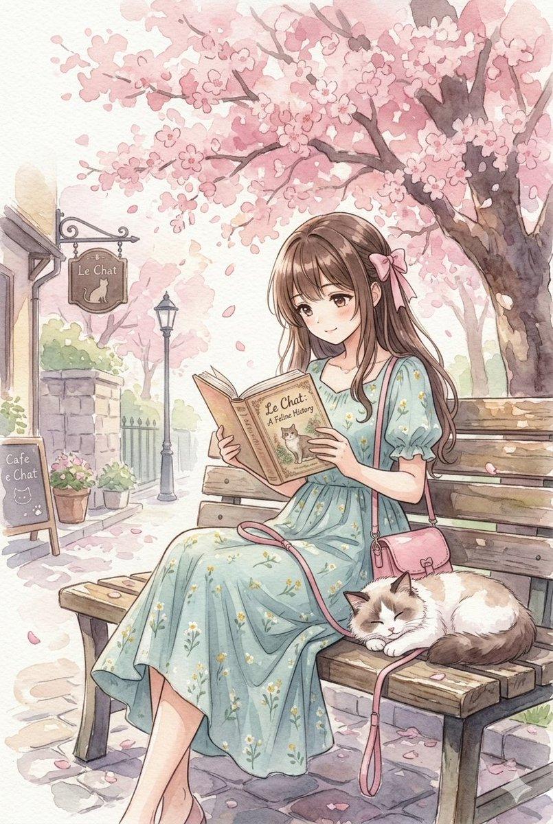 İstem önizlemesi: Kiraz Çiçekleri Altında Kitap Okuyan Suluboya Anime Kızı