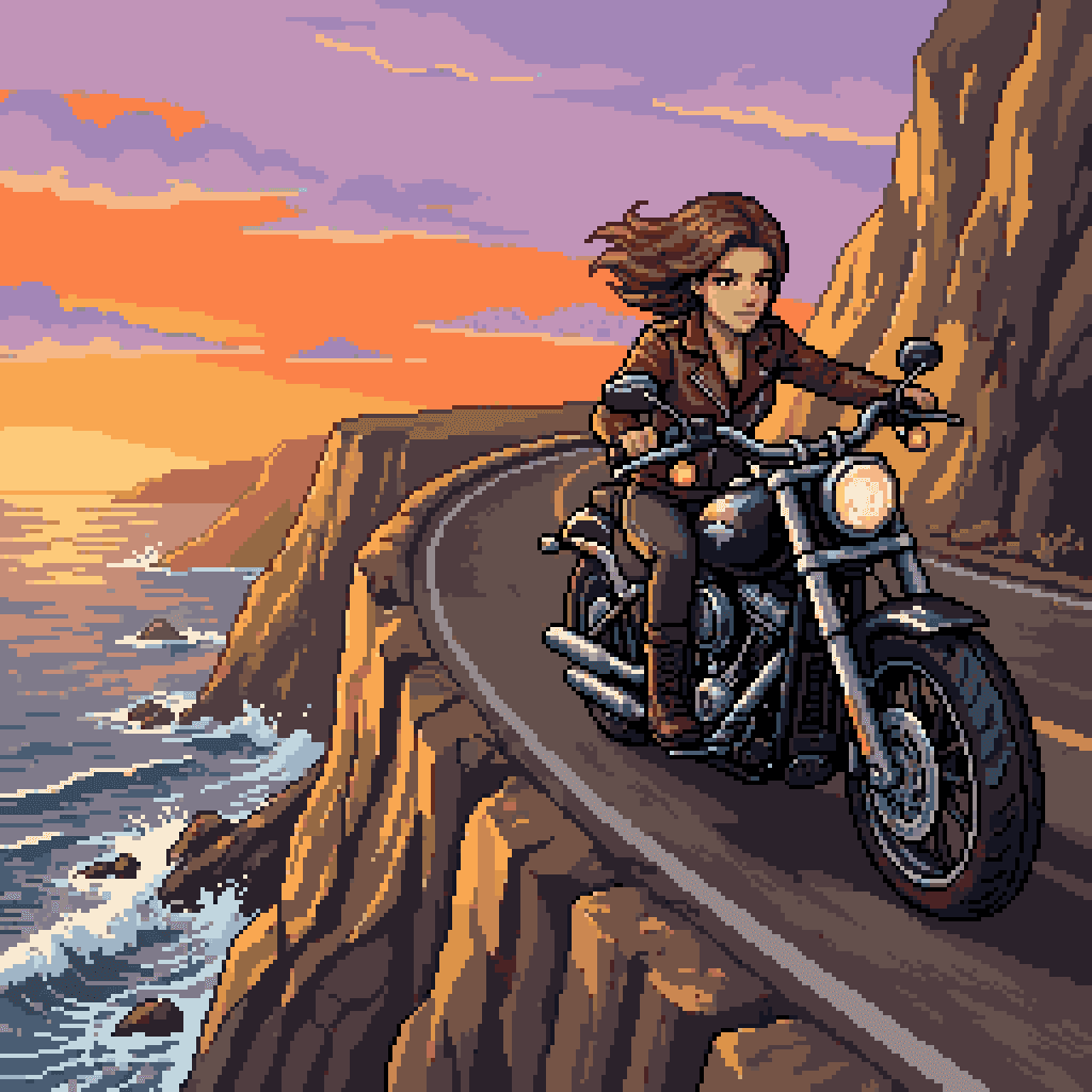 プロンプトのプレビュー: 崖沿いの道をバイクで走る女性