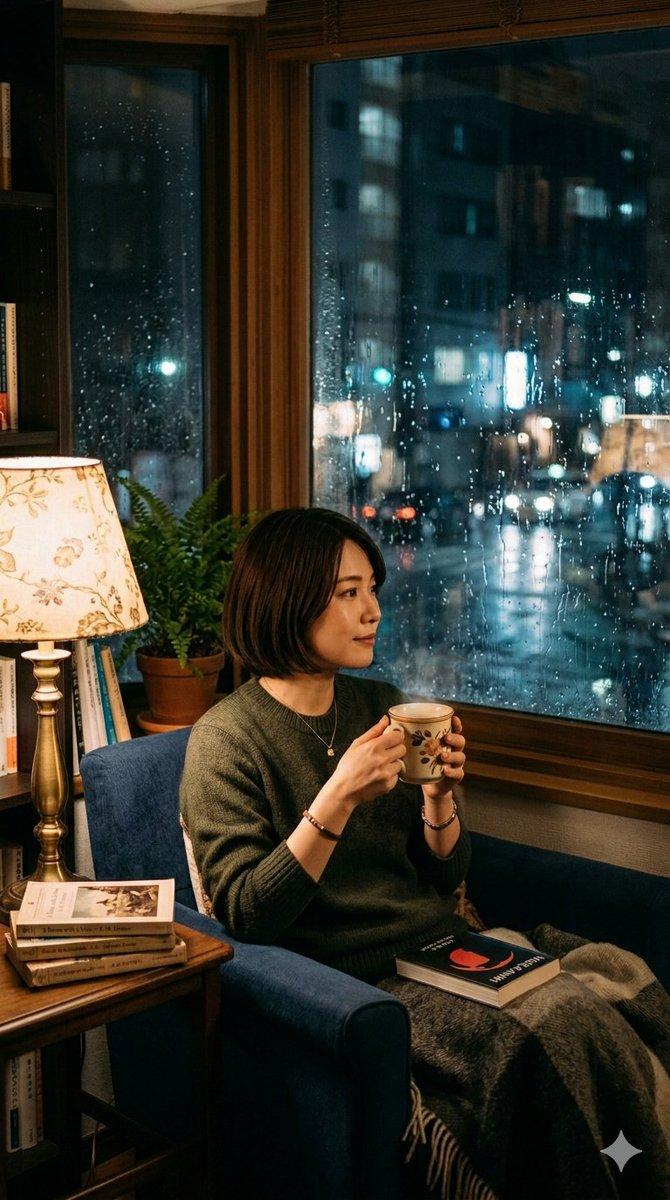 提示词预览: 温馨雨夜室内肖像