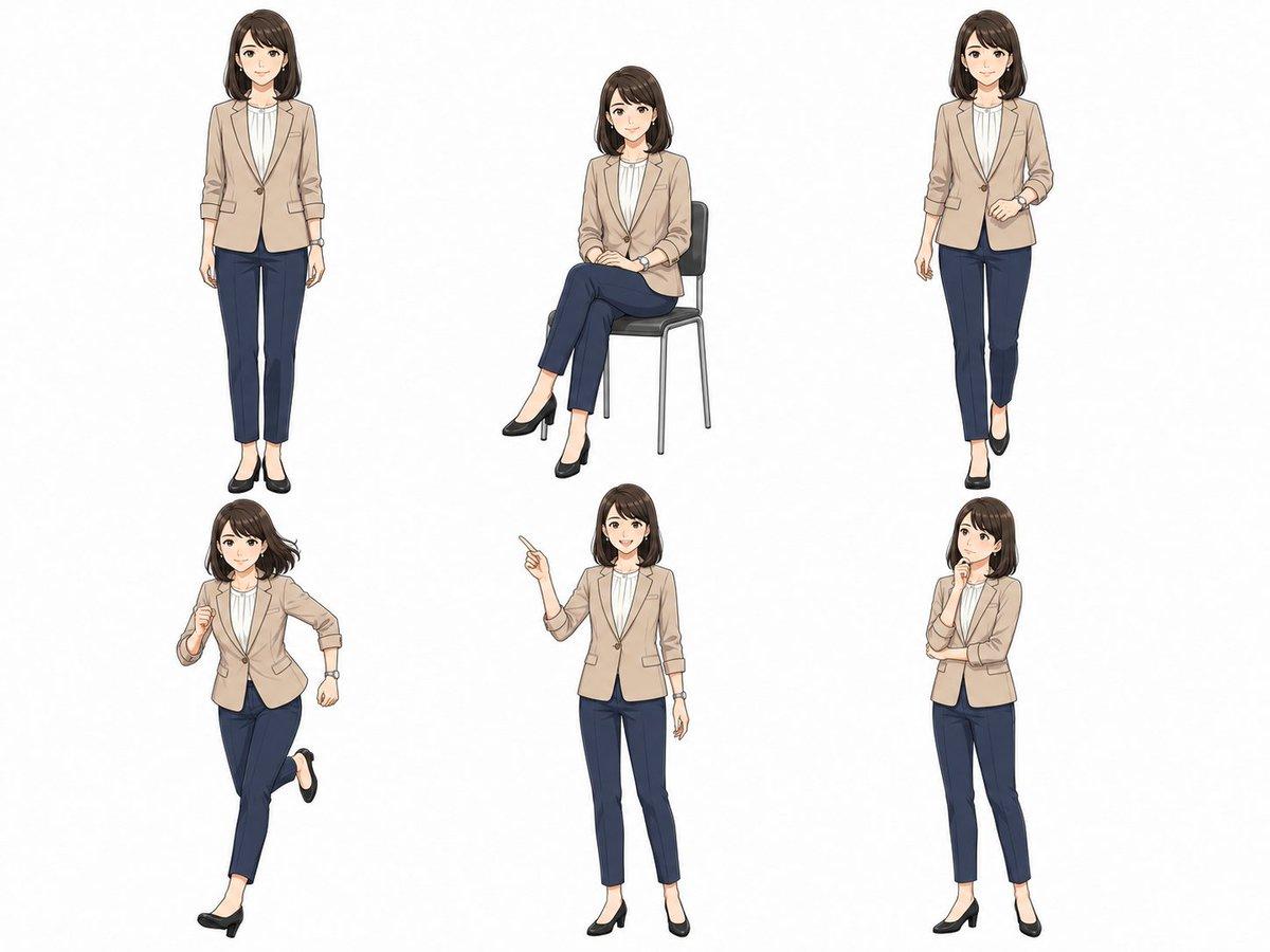 プロンプトのプレビュー: アニメ風ビジネスウーマンのポーズ集