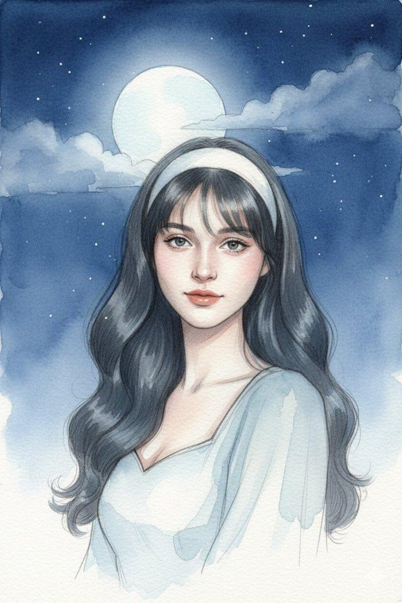 Promptvoorbeeld: Moonlit Watercolor Portrait with Identity Lock