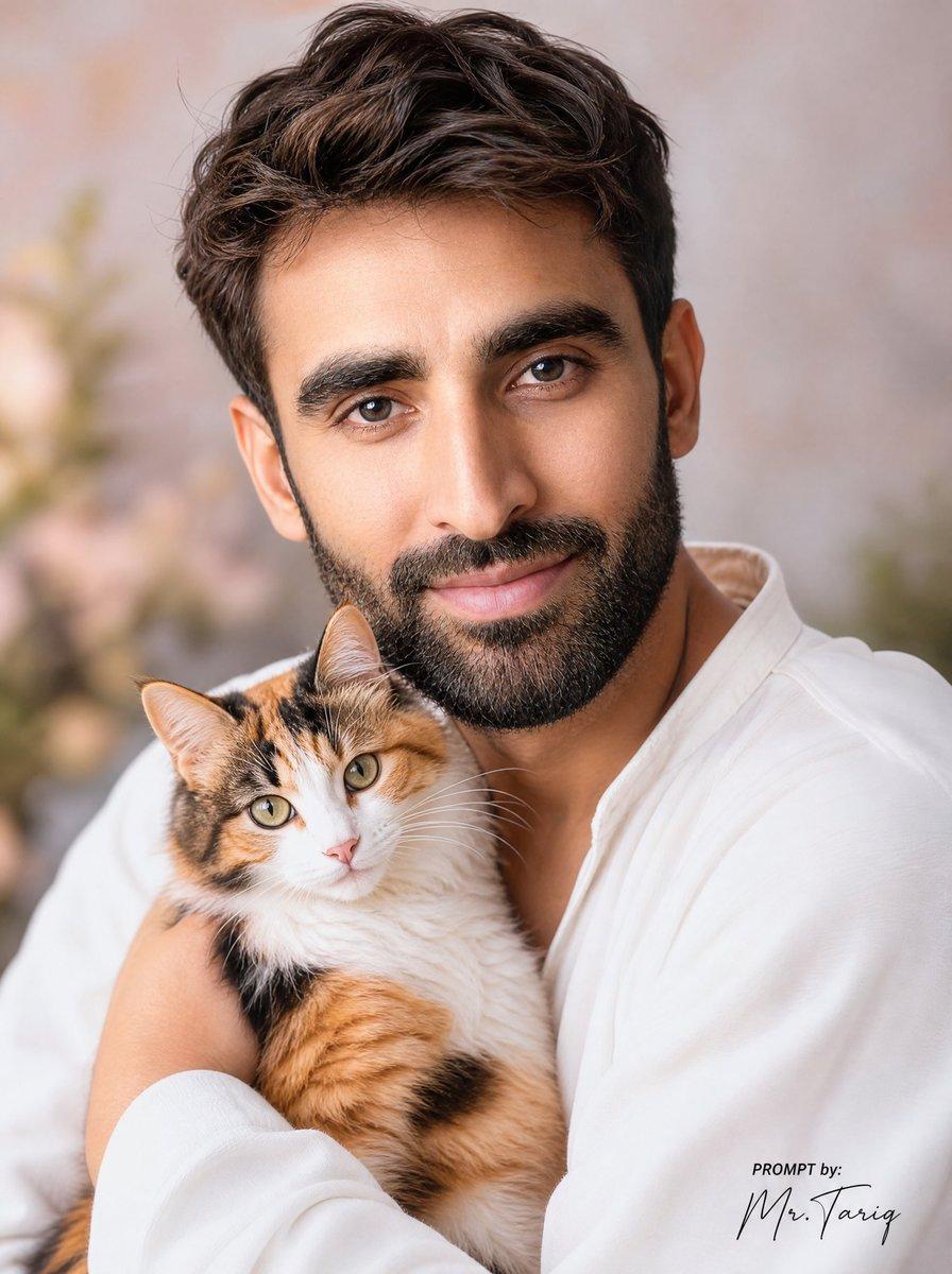 プロンプトのプレビュー: 三毛猫を抱く夢のような男性のポートレート