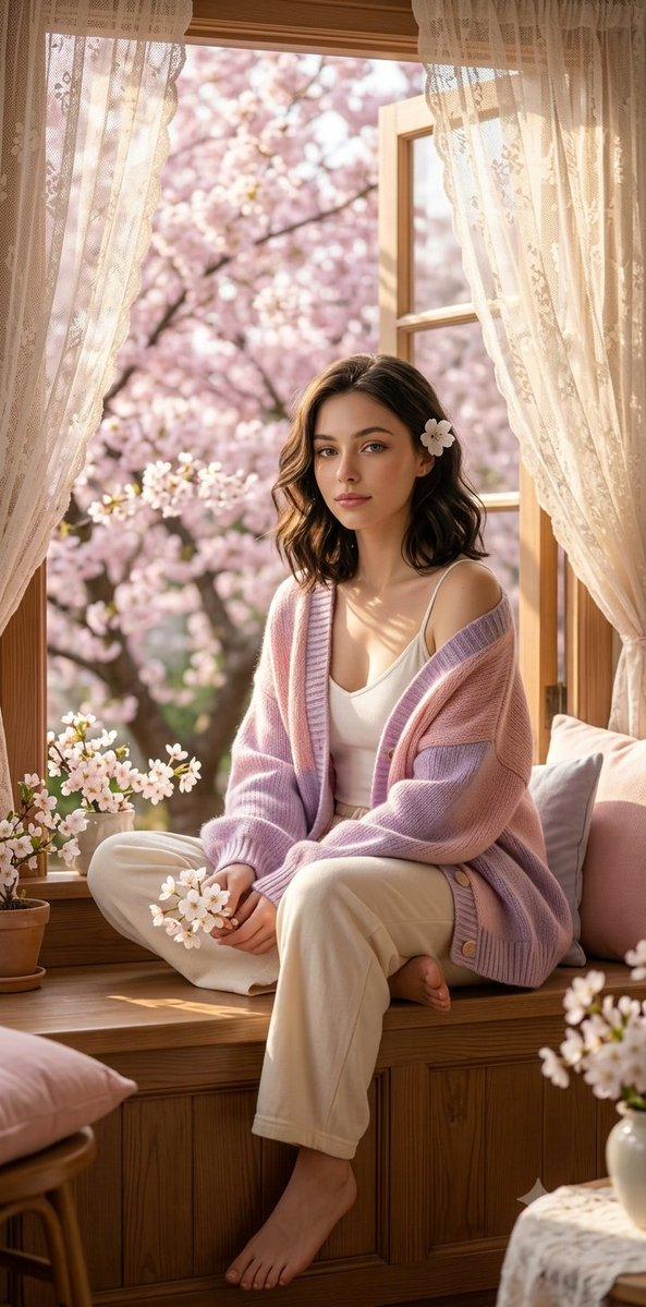 プロンプトのプレビュー: 春の窓辺でくつろぐカーディガン姿のポートレート