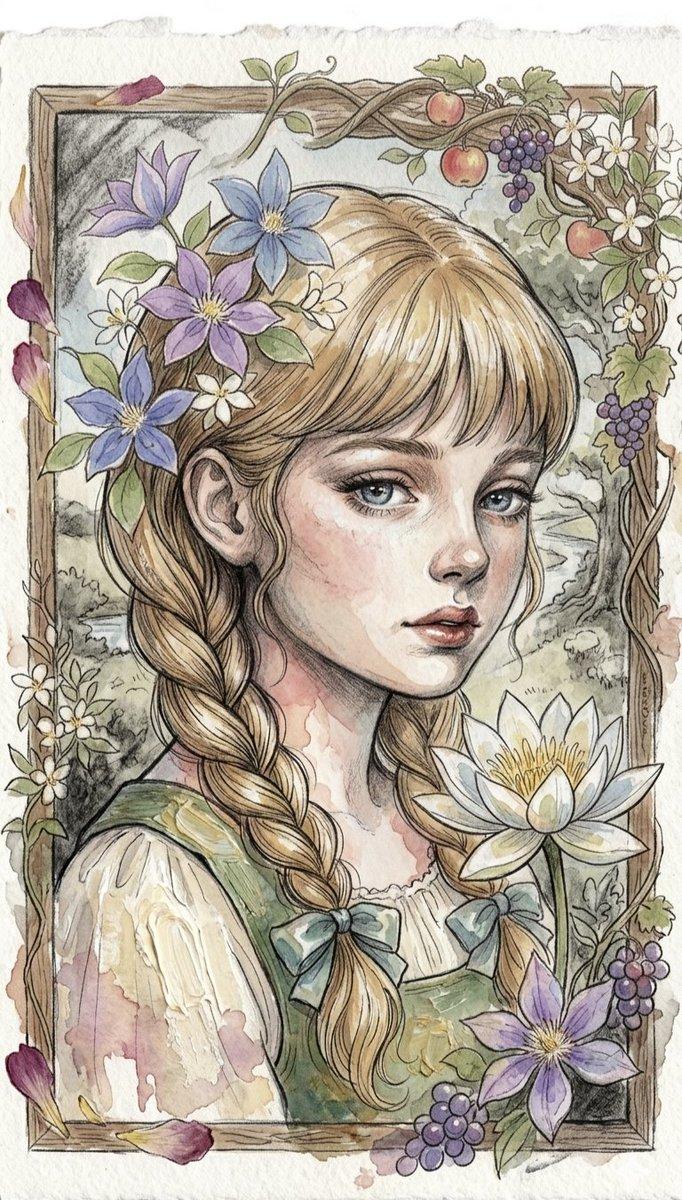 プロンプトのプレビュー: 少女の水彩花柄ポートレート