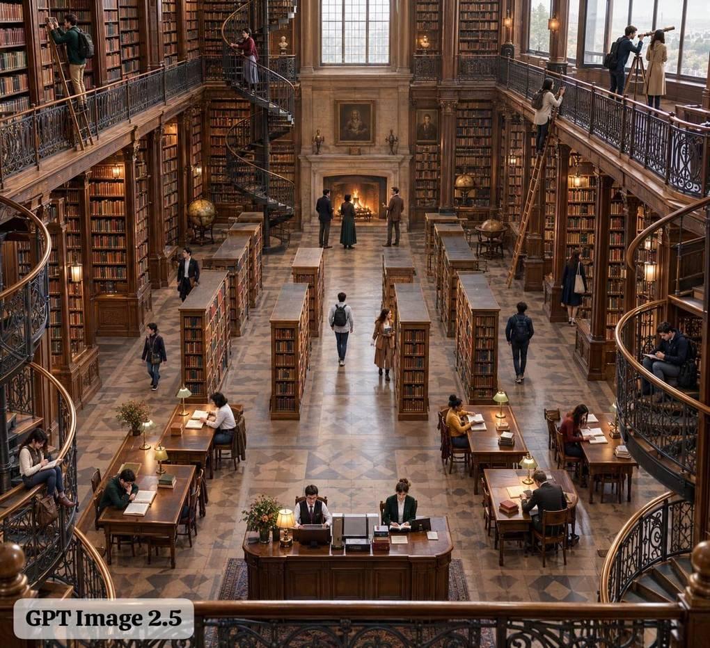 Preview ng prompt: A massive Victorian library viewed from a high balcony. Exactly {argument name="total people" defaul…