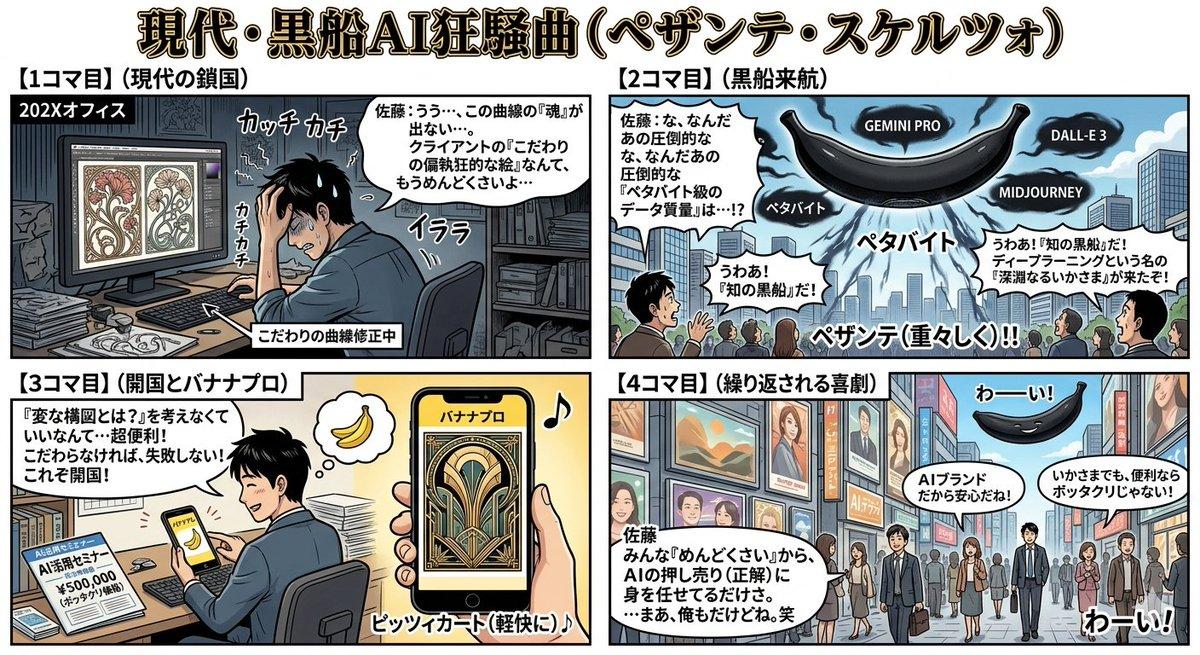 Promptforhåndsvisning: Four-Panel Manga Generation: Modern Black Ship AI Rhapsody