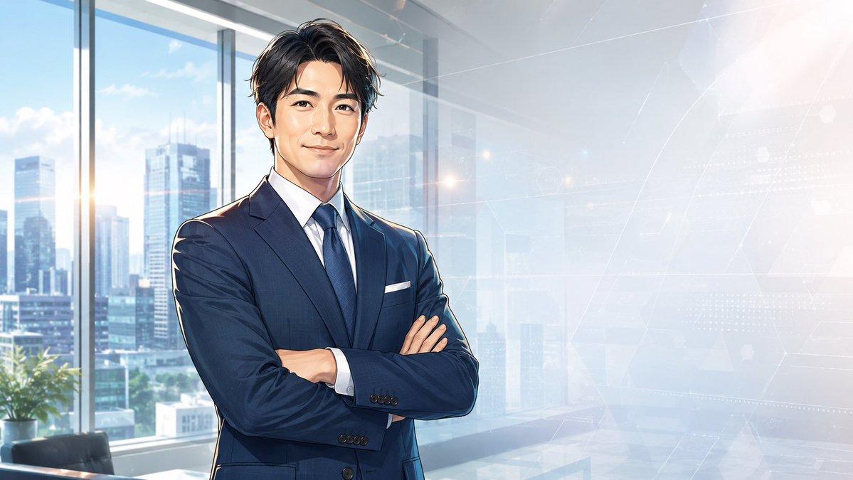 プロンプトのプレビュー: 検閲済みアニメ風ビジネスマンのポートレート