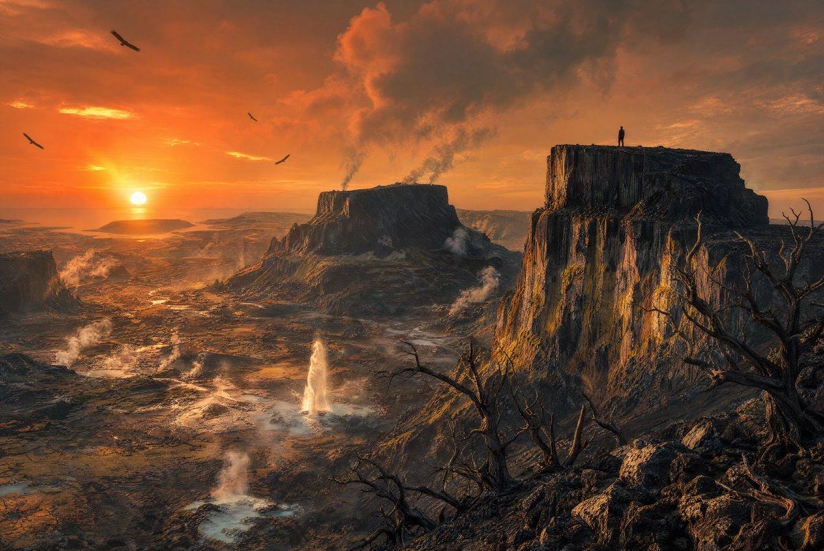 プロンプトのプレビュー: Echoing Peaks Volcanic Sunset