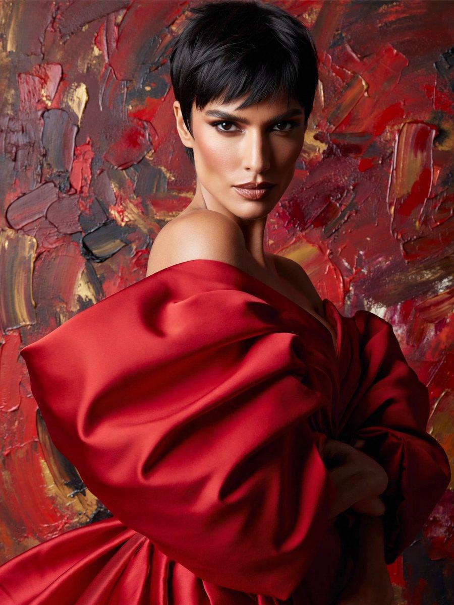 ตัวอย่างพรีวิวพรอมต์: ภาพพอร์ตเทรตแฟชั่นชั้นสูงในชุดสีแดงแบบไร้ใบหน้า