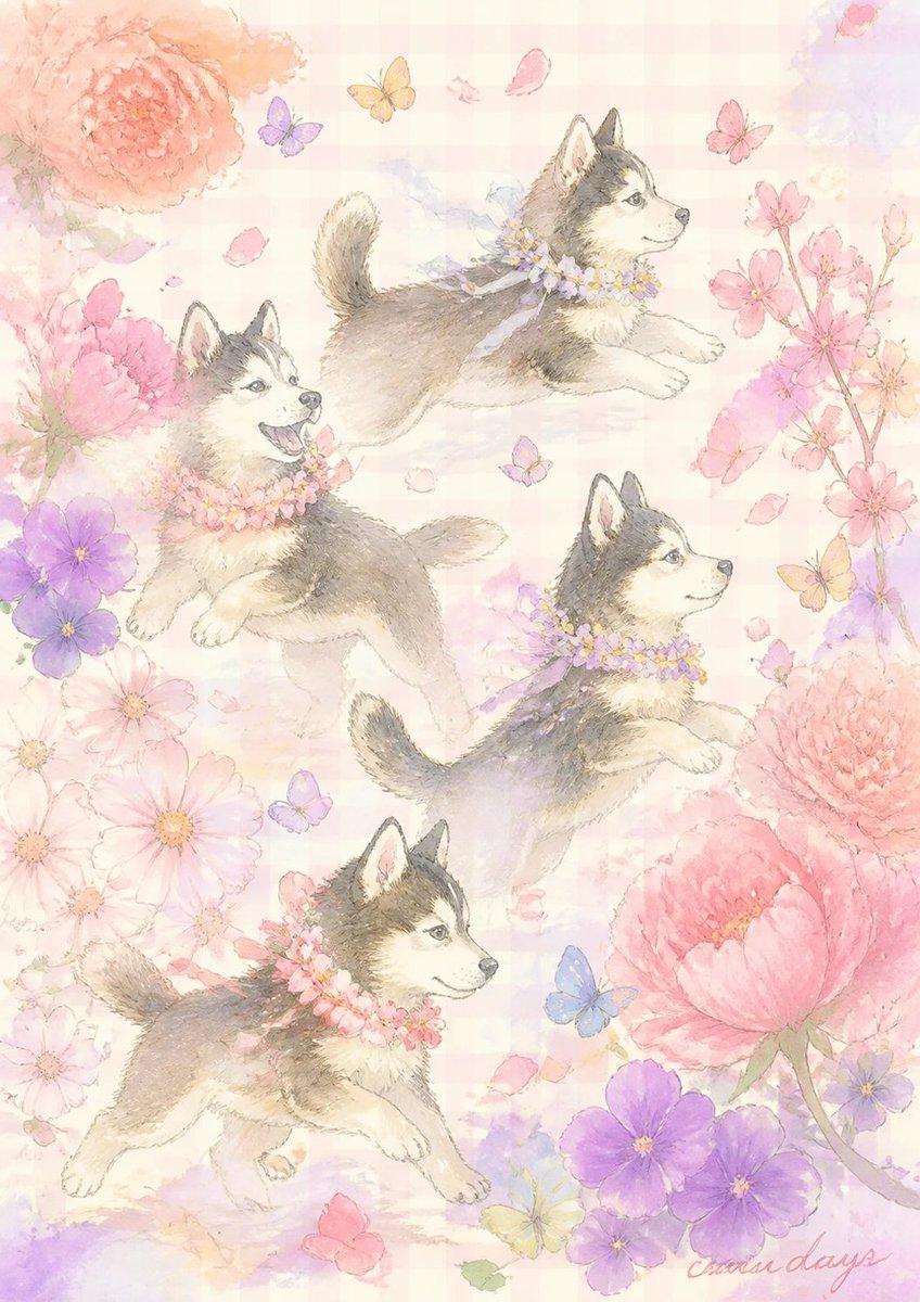 プロンプトのプレビュー: パステルカラーのハスキー子犬とフラワーガーデン