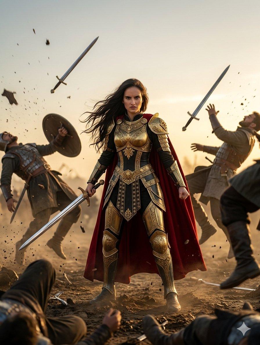 プロンプトのプレビュー: ファンタジーの女戦士による映画のような戦闘シーン