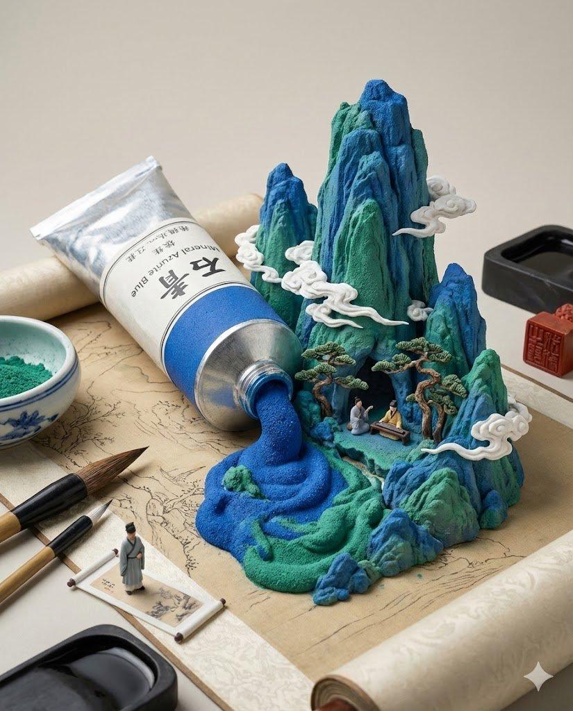 Promptvoorbeeld: Chinese Landscape Painting Pigment Squeeze