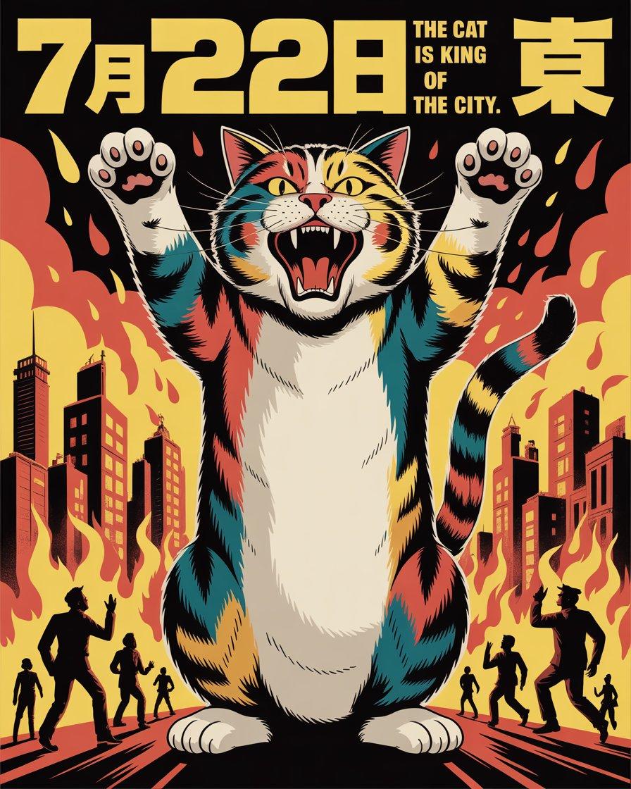 プロンプトのプレビュー: レトロな怪獣猫の都市ポスター