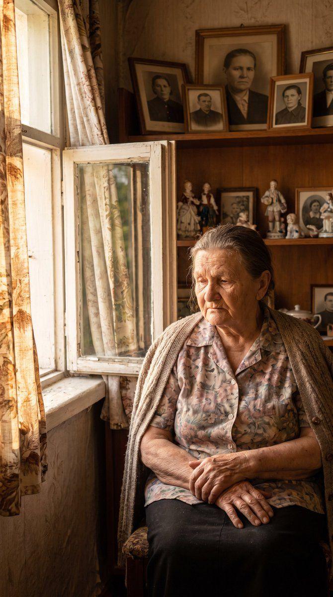 Preview ng prompt: Extremely realistic emotional photograph of an elderly mother sitting beside an open window in a mod…
