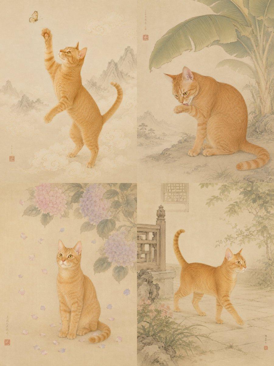 プロンプトのプレビュー: 東洋風工筆画スタイルのペットポートレート