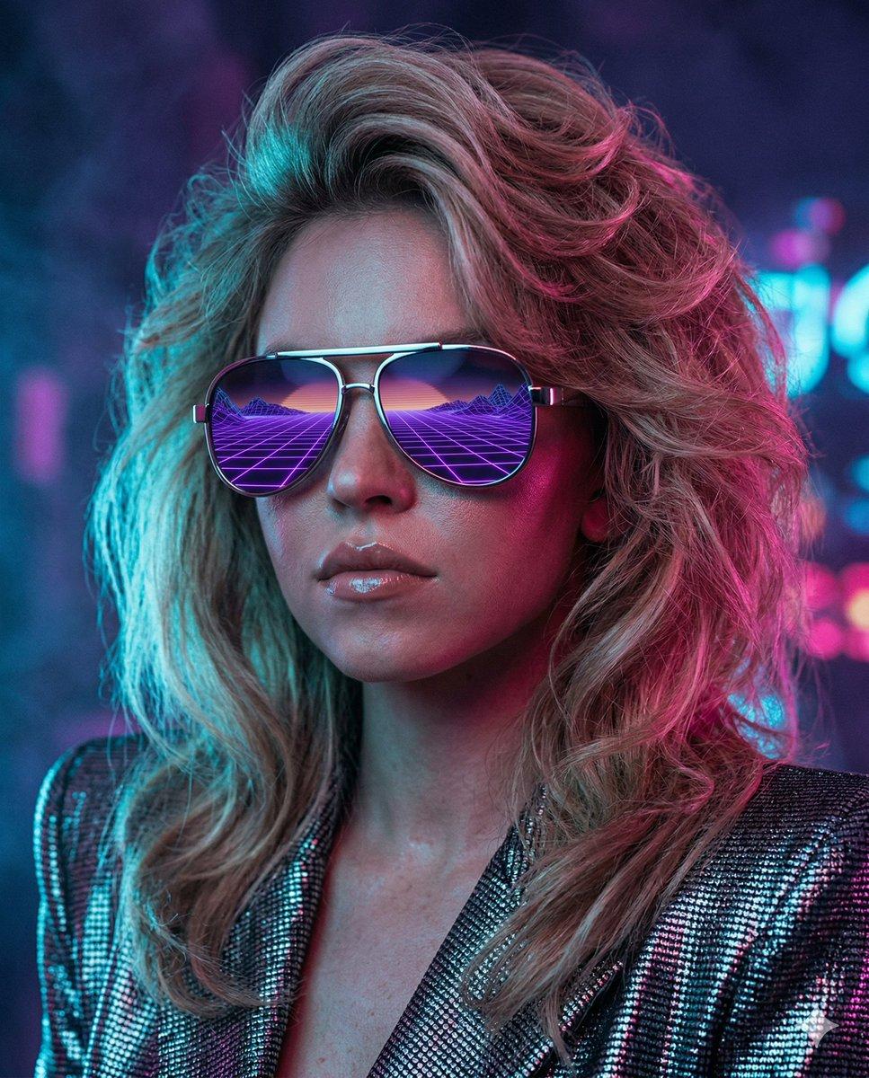 プロンプトのプレビュー: Sydney Sweeney の 80 年代レトロフューチャー・シンセウェーブ風ポートレート