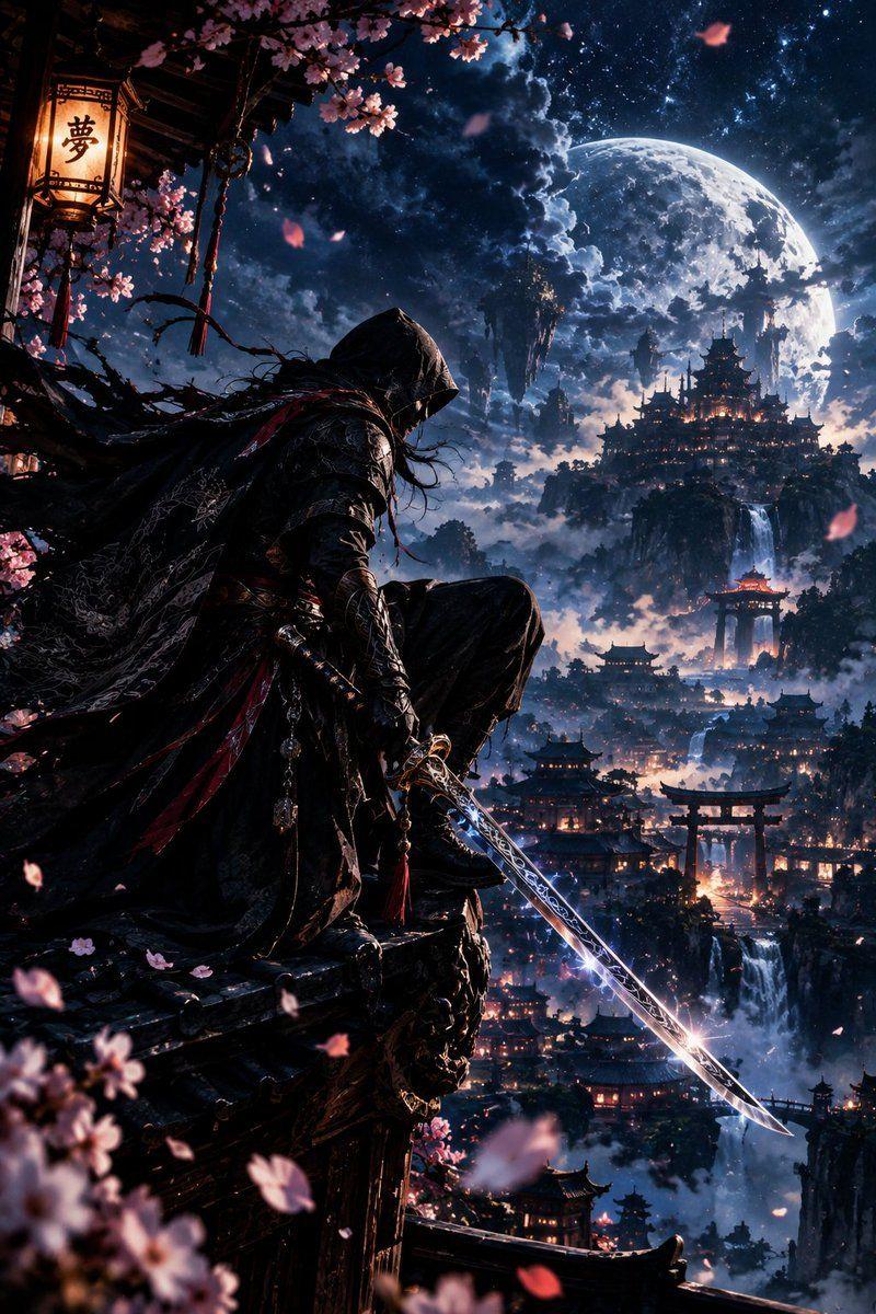 Prompt preview: Ultra-detailed 4K cinematic fantasy artwork of a mysterious hooded assassin crouching on the edge of…