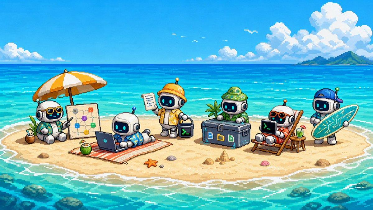 プロンプトのプレビュー: キュートなピクセルアートのサンドバンク・ロボットチーム