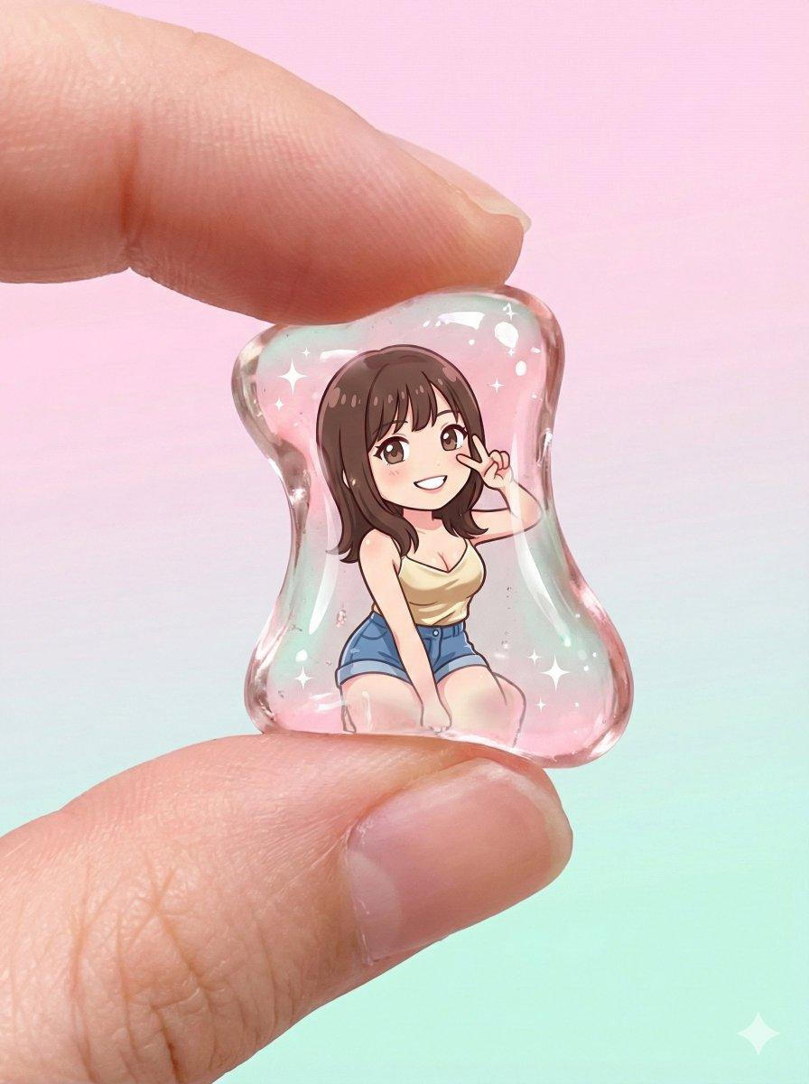 Prévia do prompt: Encapsulamento Transparente de Personagens em Goma