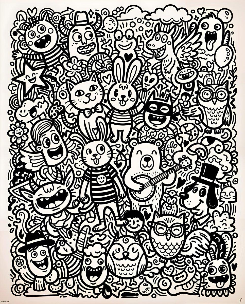 プロンプトのプレビュー: モノクロの遊び心あふれるドゥードゥルアート