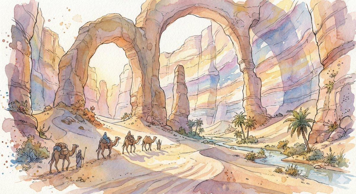 Promptforhåndsvisning: Fantasy Watercolor Illustration of an Immense Desert Canyon