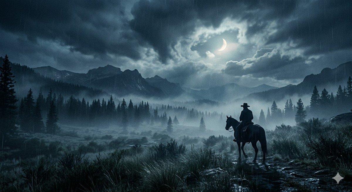 Preview ng prompt: Lone Cowboy Moonlit Misty Night