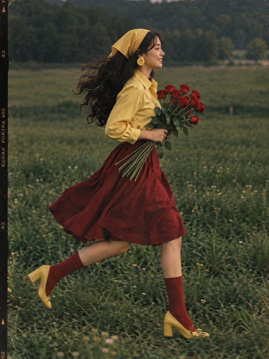 Prompt preview: A young Asian woman running gracefully through an open grassy field in side profile, holding a bouqu…