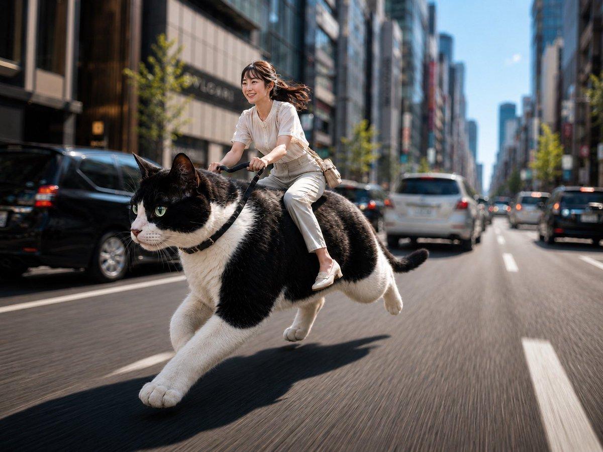 プロンプトのプレビュー: 巨大な猫に乗って通勤する女性