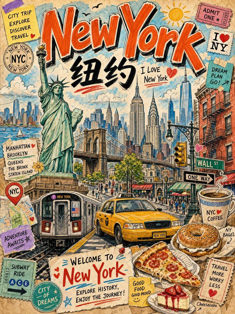 プロンプトのプレビュー: ヴィンテージ・ニューヨーク旅行コラージュ