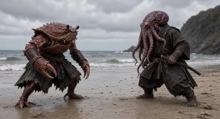 Prompt preview: make a short video a crab-man and an octopus man fighting on the beach samurai style