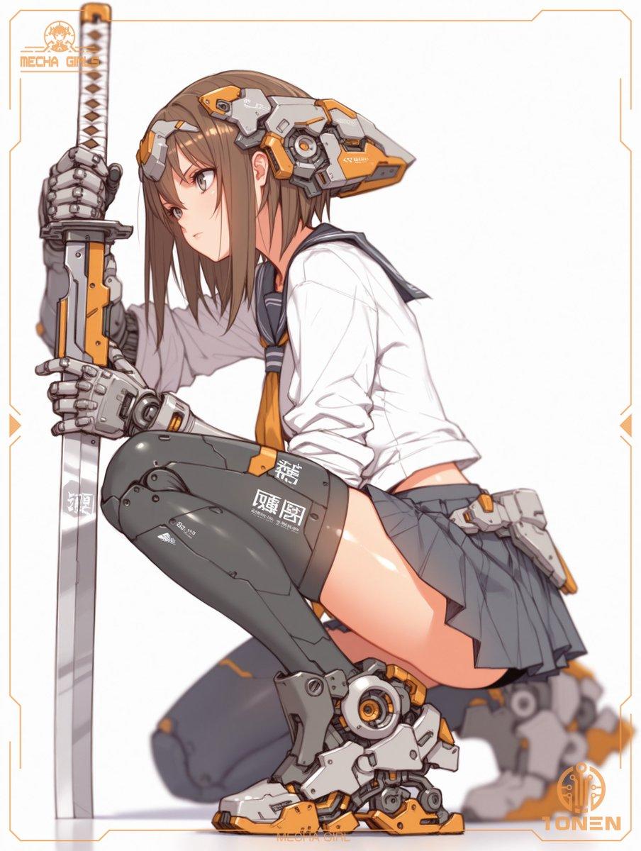 プロンプトのプレビュー: しゃがみ込むメカ少女と日本刀