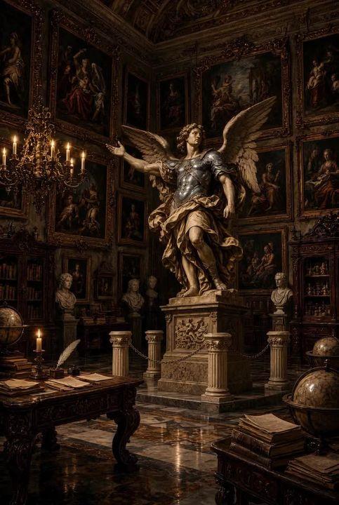 Prompt preview: A masterful Baroque-Renaissance oil painting of a cream marble statue of Archangel Michael as a warr…