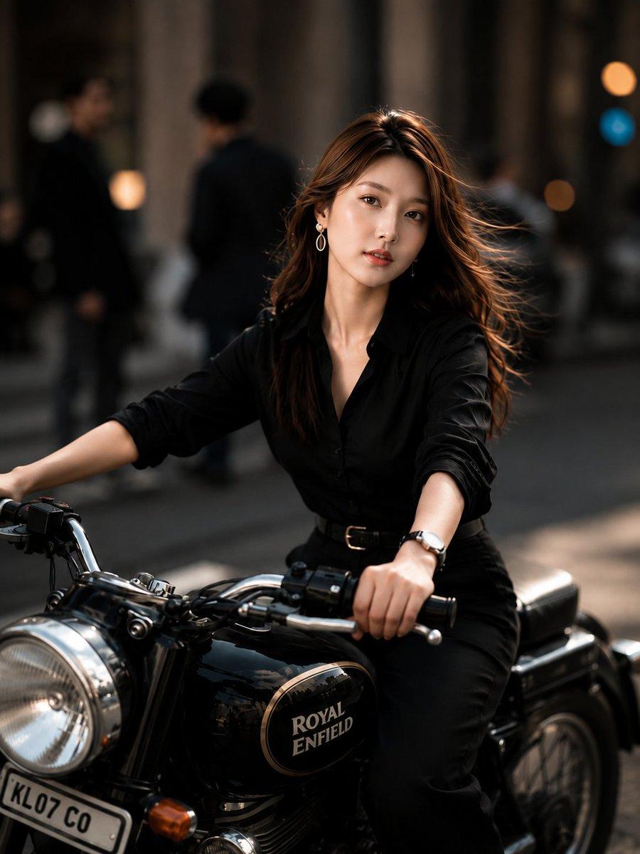 プロンプトのプレビュー: 都会のストリートにおけるモーターサイクルのポートレート