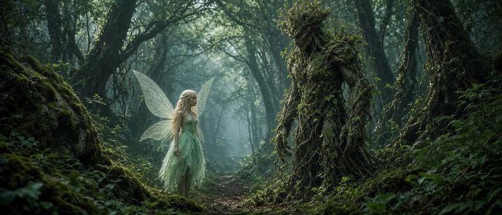Preview ng prompt: A fairy walks through the woods beside a man made of tree and green vines then they both morph into …