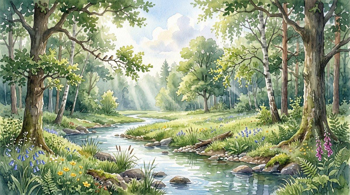 Promptforhåndsvisning: Watercolor Forest Clearing with Stream